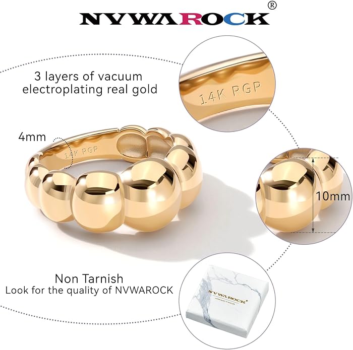 Chunky Dome Rings for Women and Men Cute Fat Puffy Statement Thumb Band High Polished Comfort Bubble Stackable Ring Size 5-10（Gold and Silver）