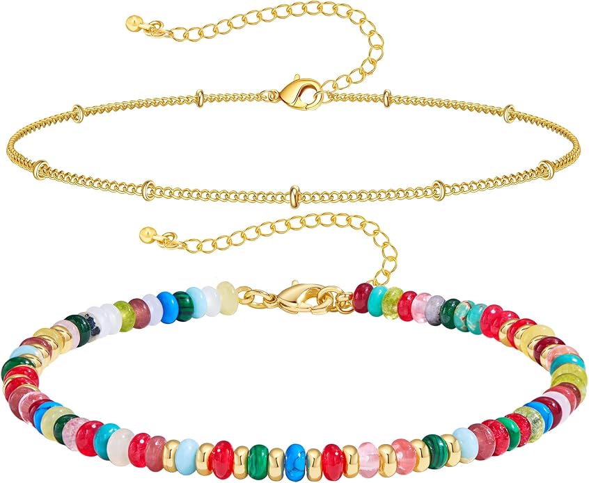 Ankle Bracelet for Women Natural Stone Colorful Beaded Boho Layered Anklet 14K Gold Plated Adjustable Beads Chain 2Pcs Anklets Set Handmade Summer Beach Jewelry