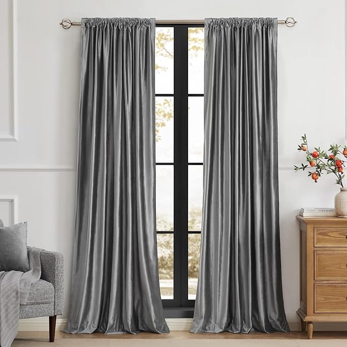 PRIMROSE Dark Grey Velvet Curtains 90 inch Long for Living Room,Set of 2 Panels Blackout Rod Pocket Back Tab Window Treatment Room Darkening Heavy Decorative Curtains Drapes for Bedroom