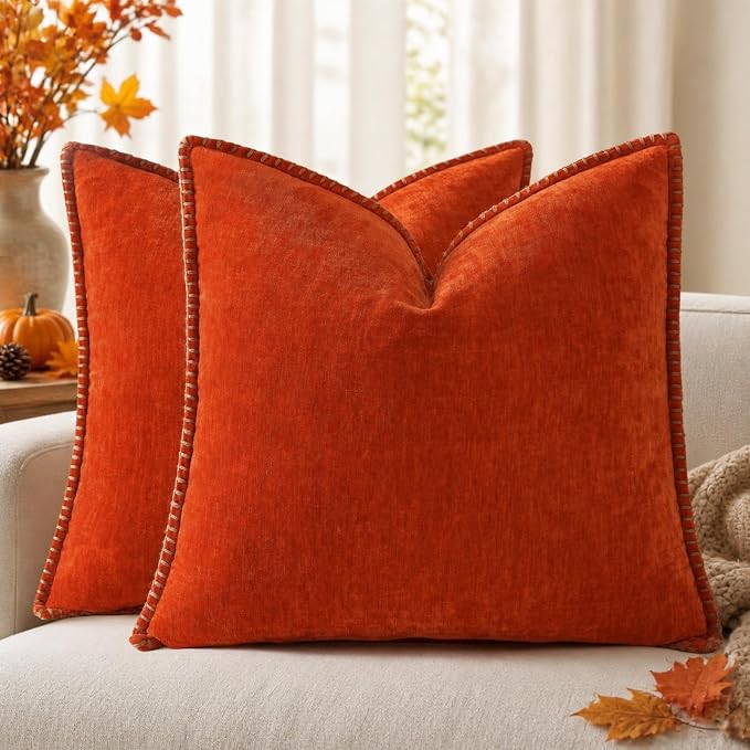decorUhome Soft Chenille Throw Pillow Covers 26x26 Set of 2 Rust | Fall Textured Decorative Throw Pillow Cases Stitched Edge Modern Farmhouse Luxury Boho Velvet for Couch Sofa Bed Home Decor