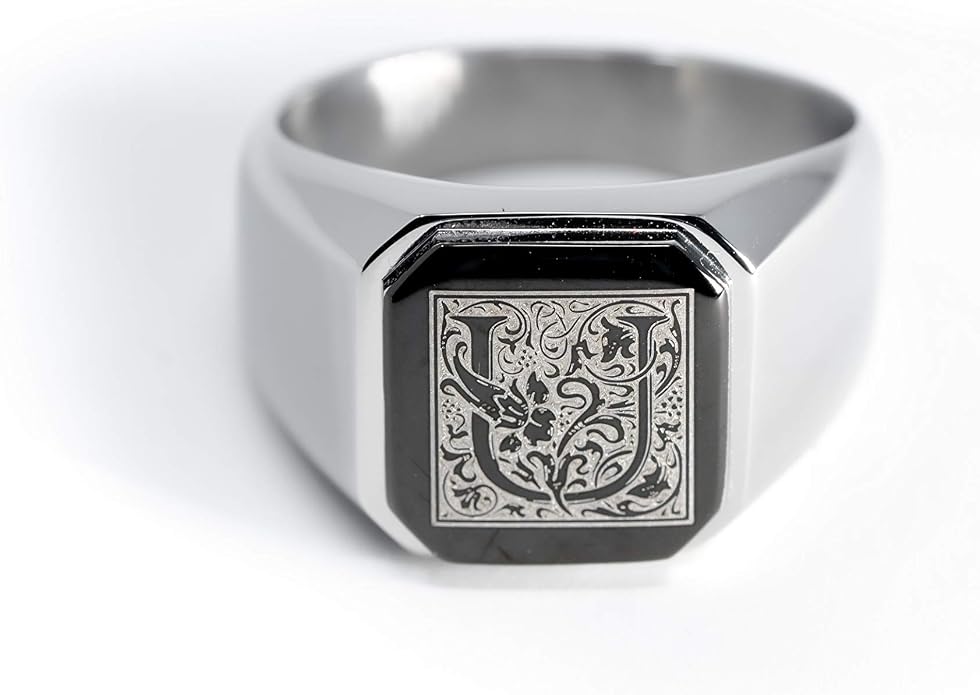 Jewelry | Stainless Steel Letter Alphabet Initial Ring | Square Flat Top Ring for Men & Women | Stainless Steel Jewelry, (Black, Gold, Silver), Size 7-16