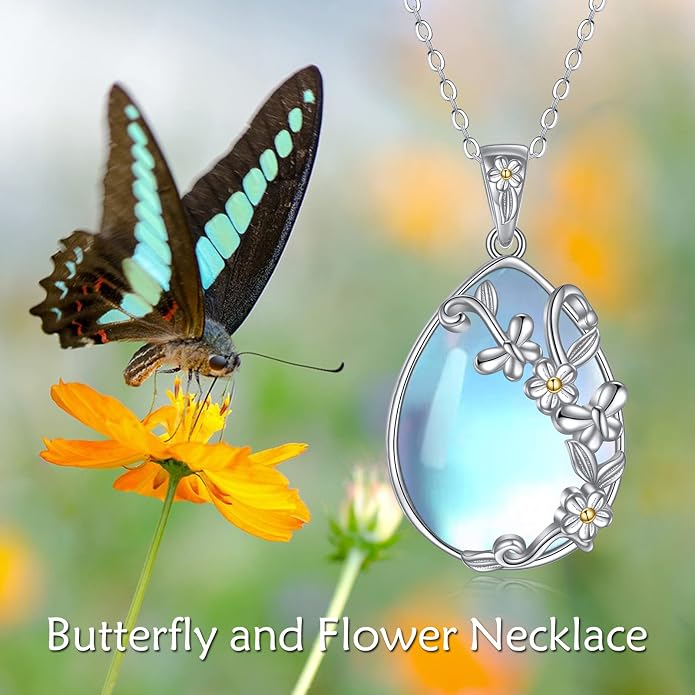 YAFEINI 925 Sterling Silver Moonstone Necklace Filigree Teardrop Pendant Necklace Jewelry for Women Girls