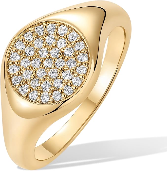 PAVOI 14K Gold Plated Signet Ring for Women - Pinky Ring with Round Cubic Zirconia - Dainty Lightweight Thin Statement Jewelry