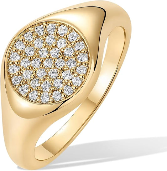 PAVOI 14K Gold Plated Signet Ring for Women - Pinky Ring with Round Cubic Zirconia - Dainty Lightweight Thin Statement Jewelry