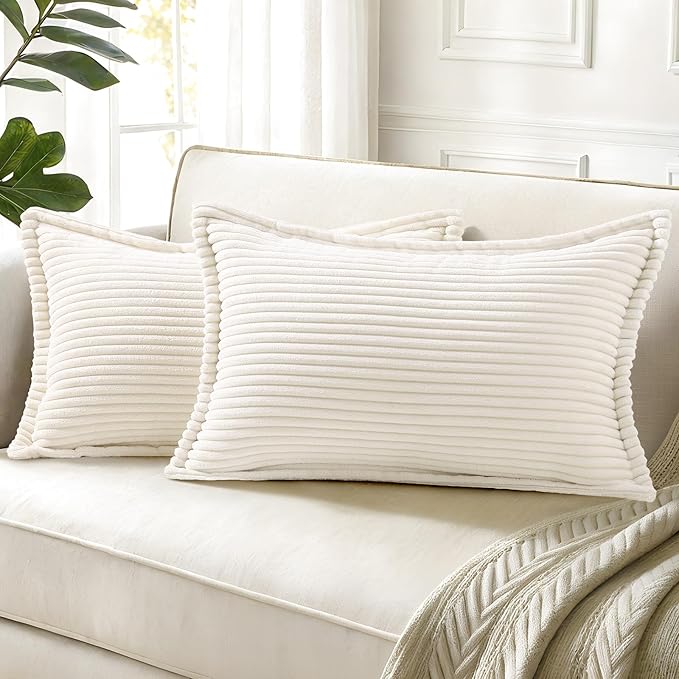 decorUhome Fall Corduroy Pure White Throw Pillow Covers 12x20 Set of 2 | Lumbar Couch Decorative Soft Modern Boho Farmhouse Pillow Covers Broadside Striped Pillow Cases for Living Room Bed Sofa