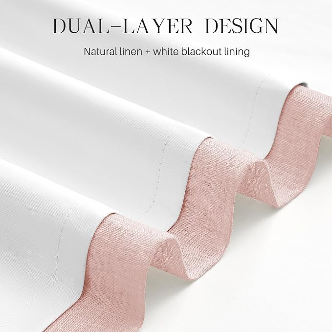 Pinch Pleated Curtains 100% Blackout Linen Curtains 90 Inches Long for Bedroom Living Room, Pink Memory Trained Thermal Insulated Room Darkening Window Pleat Drapes with Hooks, 2 Panels, 40"Wx90"L