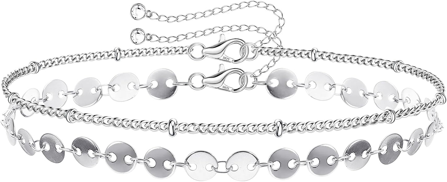 MILACOLATO 925 Sterling Silver Clasp Paperclip Chain Bracelets 14K White Gold Plated Solid Diamond-Cut Paperclip Chain Women Bracelet Adjustable Layered Satellite Beads Bracelets for Women