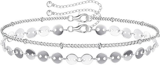 MILACOLATO 925 Sterling Silver Clasp Paperclip Chain Bracelets 14K White Gold Plated Solid Diamond-Cut Paperclip Chain Women Bracelet Adjustable Layered Satellite Beads Bracelets for Women