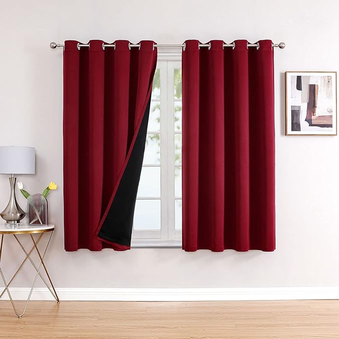 ChrisDowa 100% Blackout Curtains for Bedroom 2 Panels Set with Black Liner | 2 Thick Layers, Thermal Insulated, Light Blocking, Grommet, Window Treatment, Living Room Drapes, Burgundy, 52 x 45 Inch