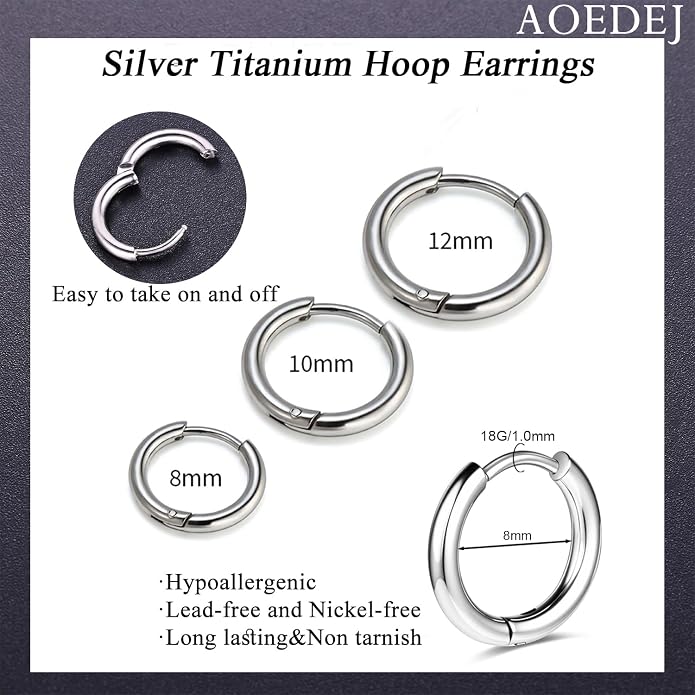 AOEDEJ G23 Titanium Black/Steel Gray/Gold Hoop Earrings 18G Small Huggie Hoop Earrings 8mm/10mm/12mm Cartilage for Sensitive Ears for Multiple Piercing Cartilage Hoop Earring Stack Jewelry