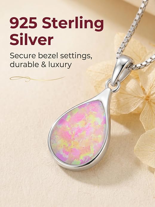 Teardrop Opal Necklace for Women - 925 Sterling Silver October Birthstone Pendant Necklace, Dainty Pear Shape Gemstone Jewelry Gif for Her, Adjustable Box Chain