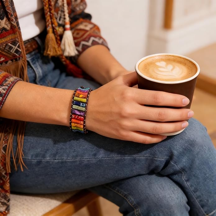 Plumiss Women Boho Handmade Natural Stone Crystal Leather Bead Wrap Bracelets Collection