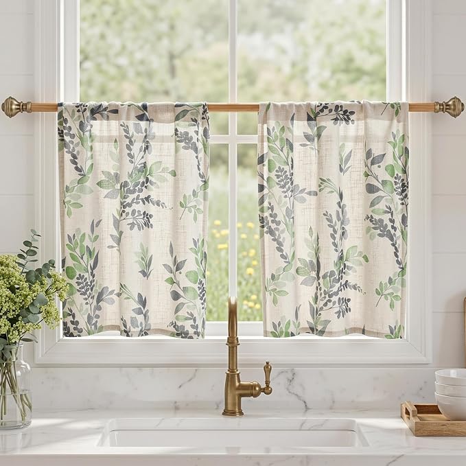 MYSKY HOME Linen Kitchen Tier Cafe Patterned Curtains 24 Inch Length 2 Panels Farmhouse Semi Sheer Privacy Small Window Treatments Rod Pocket for Bathroom Basement, Green, 30" Each Panel