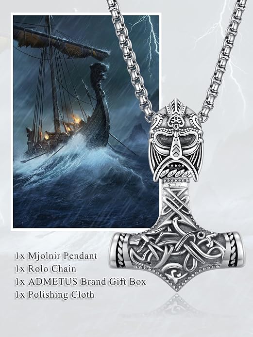 ADMETUS 925 Sterling Silver Thor Hammer Necklace Viking Mjolnir Pendant Jewelry Gifts for Men with 2.5mm 22"+2" Rolo Chain