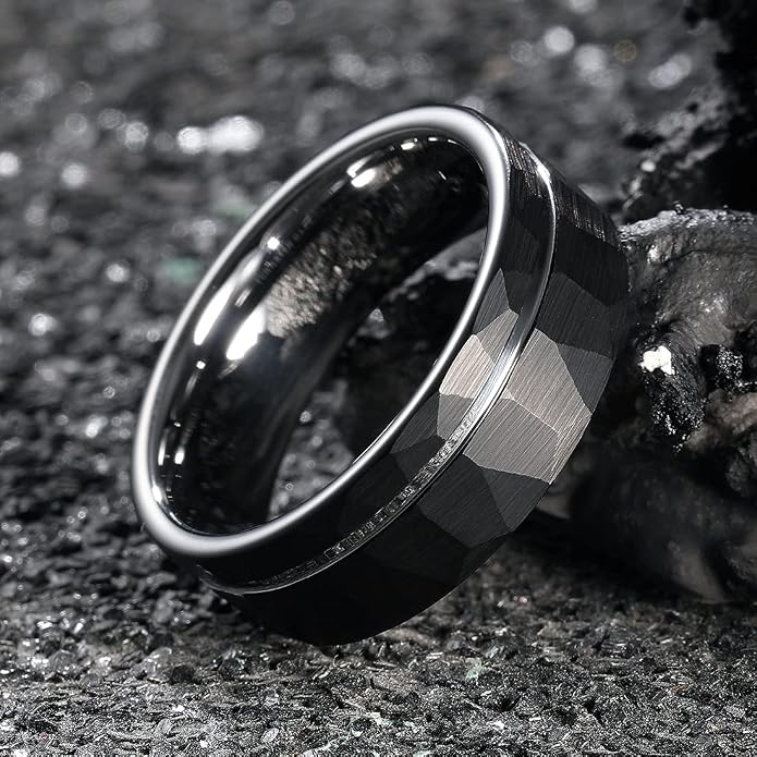 King Will Men's 8mm Tungsten Carbide Wedding Band, Hammered Faceted Diamond Cut Ring with Groove Inlay, Geometric Industrial Engagement Band for Men Women Comfort Fit Size 7-14