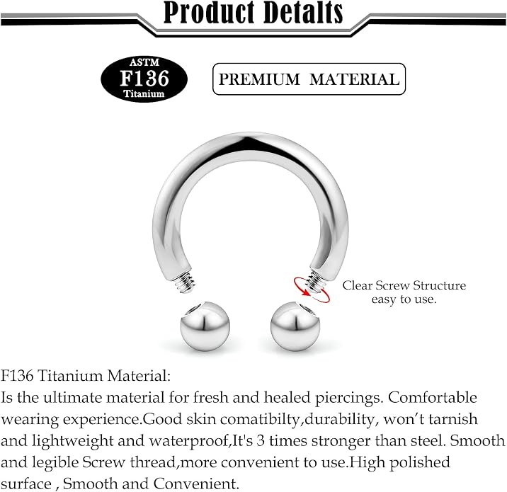 20G-2G ASTM F136 Titanium Septum Rings Nose Ring Hoops Circular Barbell Helix Snug Tragus Rook Daith Cartilage Earring Sneke Bites Lip Ring Hoop Smiley Piercing Jewelry for Women Men 6mm-19mm
