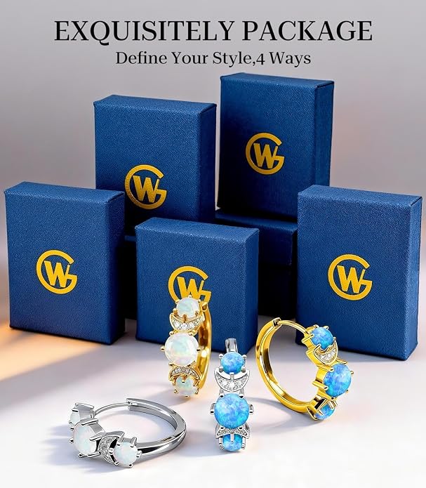 Opal Earrings for Women Gold Plated Hoop Earrings with Blue Opal Huggie with 925 Sterling Silver Post