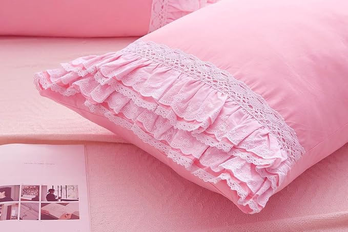 2-Pack Pink Pillow Shams Cases Covers with Ruffles and Lace Cotton King Size 20"X36"Soft Boudoir Luxurious