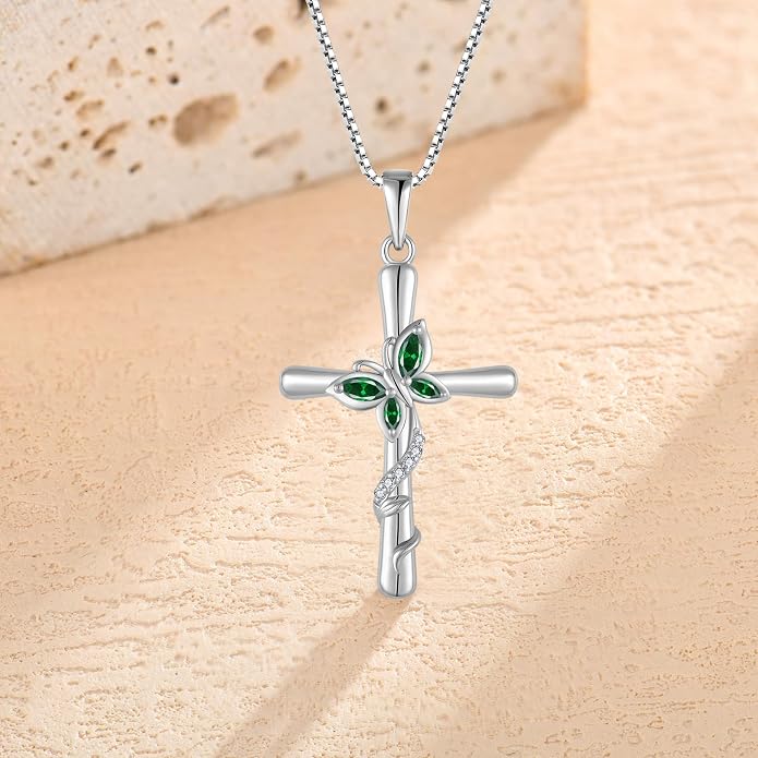 Cross Necklace for Women 925 Sterling Silver Butterfly Necklace Birthstone Pendant Created Gemstone Jewelry Gifts for Women