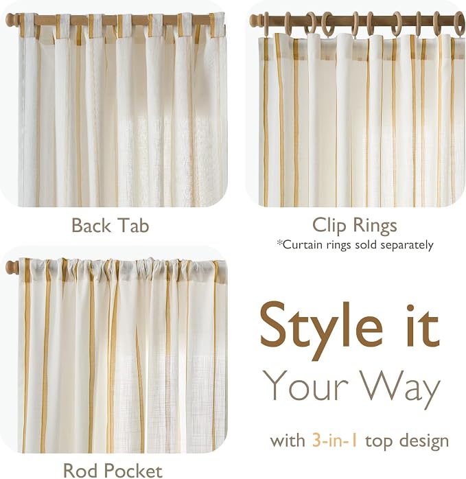 Vangao Striped Curtains Yellow on White Semi Sheer Curtains 63 Inches Long for Bedroom Living Room Modern Farmhouse Linen Textured Light Filtering Drapes 2 Panels Mustard Yellow W50 x L63 Inch