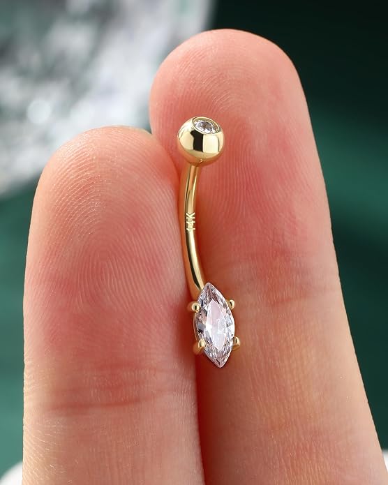 COCHARM 14K Gold Marquise CZ Belly Button Rings - White Yellow Diamond Navel Rings for Women Men - 14G Belly Piercing Jewelry