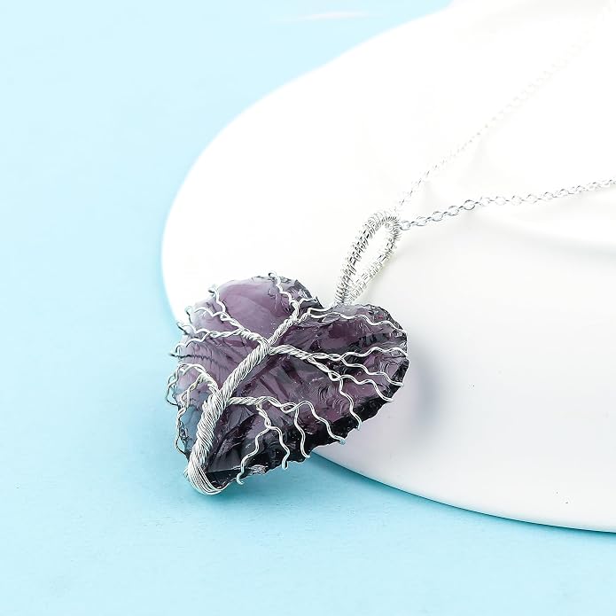 Silver Plated Wire Wrapped Pendant Necklace, Sea Glass Stones, Handmade Jewelry, Healing Crystals, Hammered Pendant, Birthday Gift for Women, Adjustable Chain 16+2inch