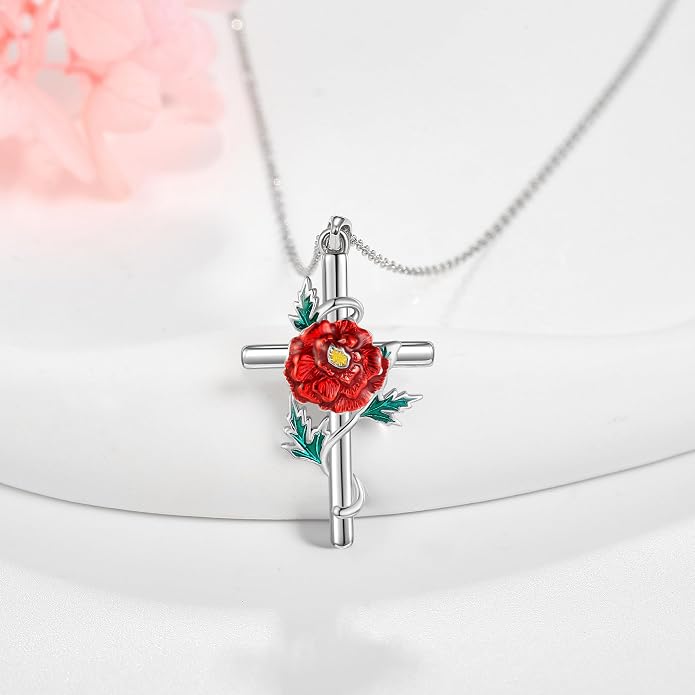 Flower Cross Necklace 925 Sterling Silver Carnation/Rose/Lily/Daisy Cross Necklace Birth Flower Jewelry for Women