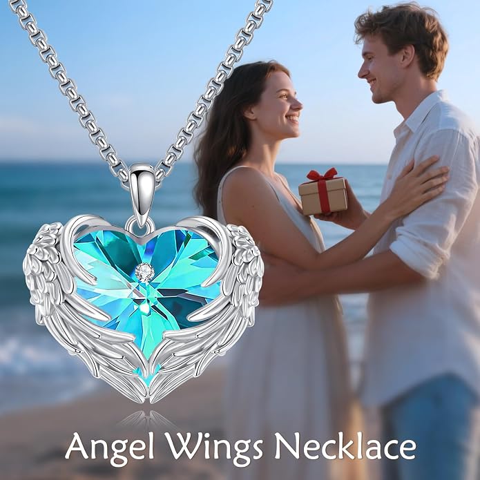 Angel Wings Necklace for Women 925 Sterling Silver Birthstone Guardian Necklace Jewelry Angel Wings Moonstone, Crystal Pendant Jewelry Gifts