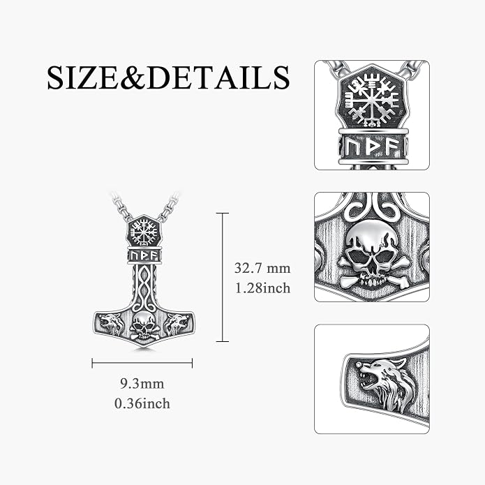 Thors Hammer Necklace 925 Sterling Silver Viking Mjolnir Pendant Mjolnir Jewelry for Men Women