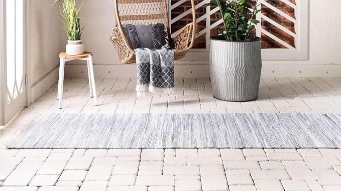 Unique Loom Chindi Cotton Collection Soft Hand Woven Natural Fiber Striped Area Rug, 2 ft 7 in x 9 ft 10 in, Gray/Ivory