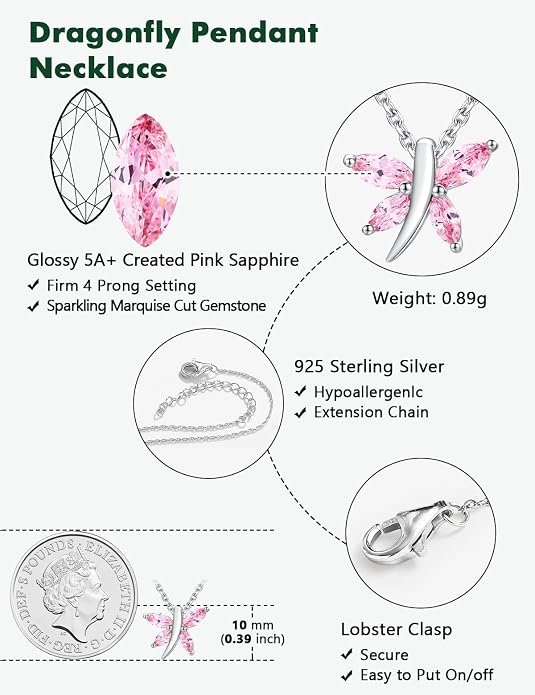925 Sterling Silver Birthstone Necklaces for Women, Dainty Cute Dragonfly/Butterfly Pendant Necklace, Great Christmas/Anniversary Jewelry for Mother