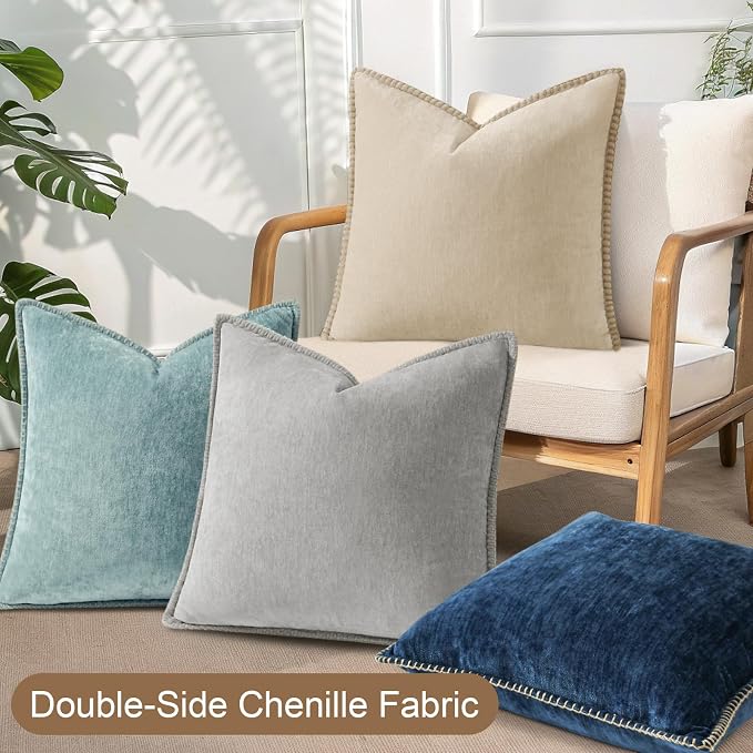decorUhome Fall Soft Decorative Chenille Throw Pillow Covers 18x18 Set of 4 | Beige Blue Cozy Decorative Modern Farmhouse Neutral Pillow Cases with Stitched Edge for Couch Sofa Bed Living Room Home Decor