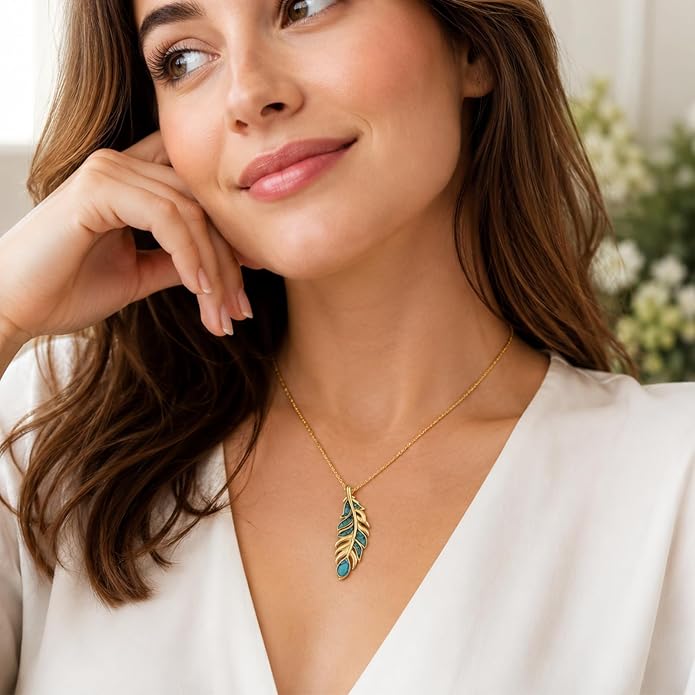 Feather Necklace White Gold Boho Jewelry Nature Inspired Statement Birthstone Pendant Gifts for Women
