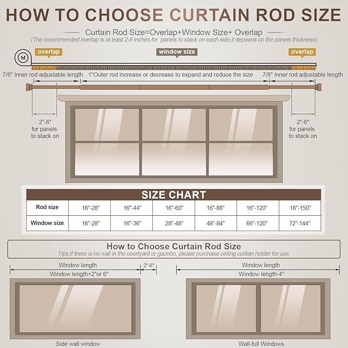 Lootkell Modern Brown Curtain Rods for Windows 28 to 48 Inches Adjustable Length Heavy Duty 1" Diameter Window Curtain Rod with Decorative Finials for Outdoor Bedroom Kitchen Living Room
