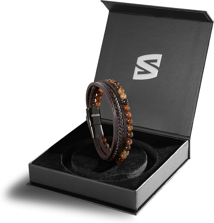 SERASAR | Premium Bracelet for Men in Genuine Black & Brown Leather | Magnetic Stainless Steel Clasp | Jewelry Box Included | Great Gift Idea