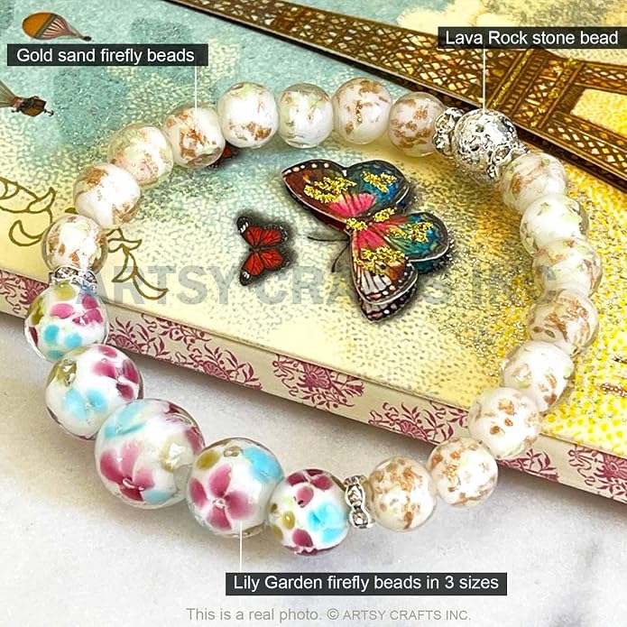 ARTSY Crafts Lily Garden Glow in the Dark Firefly Bead Bracelets Necklaces, Handmade in USA Murano Glass Jewelry, Flower Luminous Beads Mermaid Crystal Bracelet Bangle
