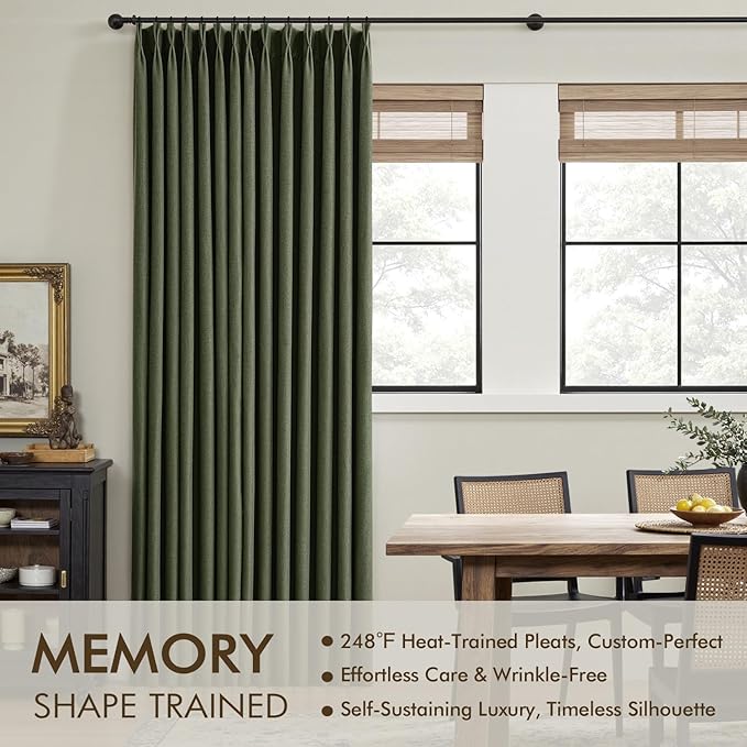 MIULEE Olive Green Pinch Pleated 100% Blackout Linen Curtains 96 Inch Length 2 Panels Set, Black Out Memory Trained Pleat Curtains Light Blocking Room Darkening Drapes for Bedroom Living Room Window