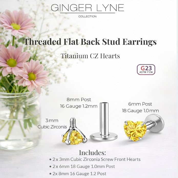 Titanium Heart CZ Labret Stud Earrings for Piercings by Ginger Lyne 6Pc Set G23 Screw Front Flat Back Body Jewelry 2 pair post 6mm, 8mm Cartilage, Helix, Tragus, Lip, Conch, Lobe