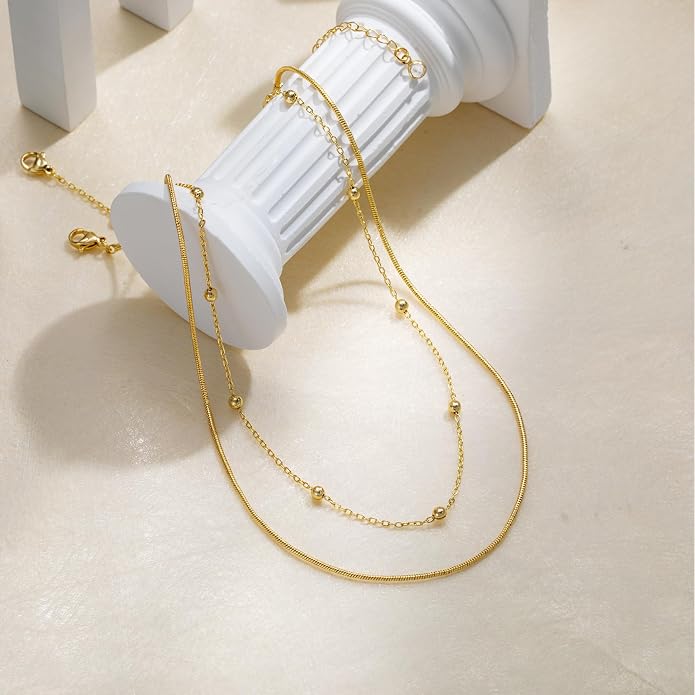 Tewiky Layered Necklaces for Women Non Tarnish- Chunky 14k Gold Plated Herringbone/Snake/Rope/Box/Cuban Link Chain for Women Waterproof Layering Stack Choker Necklace Trendy Dainty Tarnish Free Jewelry Set