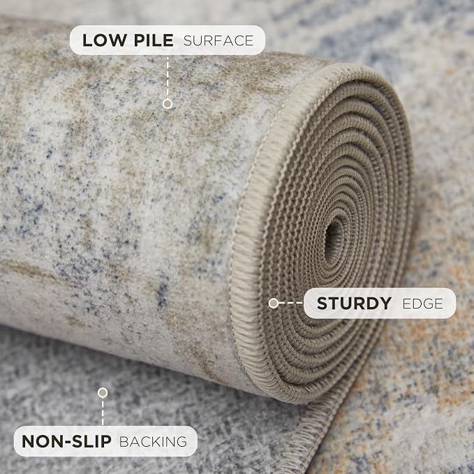Joydeco 2x6 Runner Rug Modern Abstract Machine Washable Rug – Low Pile Faux Wool with Non-Slip Backing, Neutral Print Stain Resistant Carpet Runner for Hallway, Kitchen, Entryway, Laundry and Bedroom