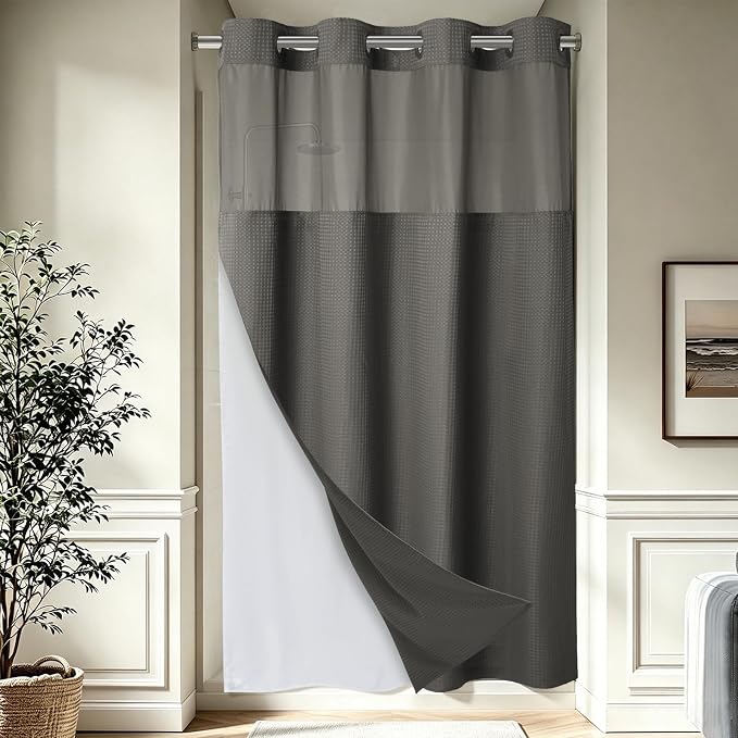 EUTXL Heavyweight Charcoal Grey Stall No Hook Shower Curtain with Snap in Liner,256GSM Waffle Weave Shower Curtains for Bathroom,54W x 80H