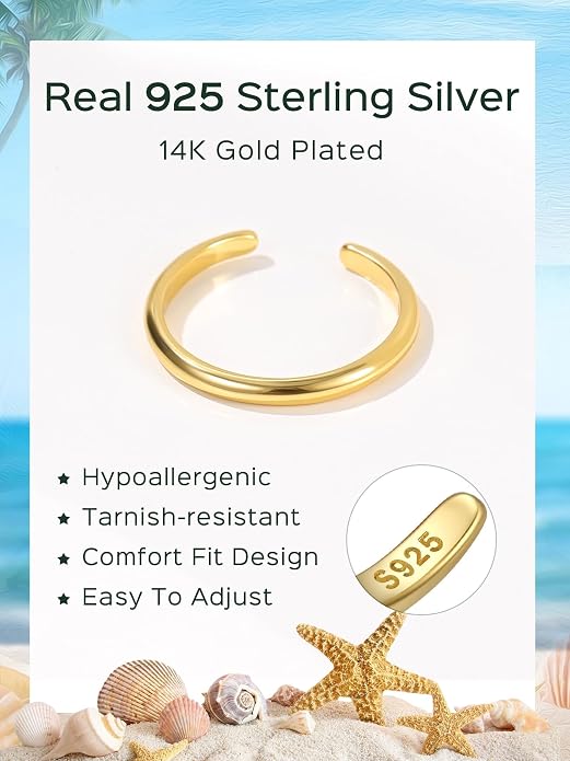 ChicSilver Sterling Silver Toe Rings for Women 14K Gold Plated Toe Rings for Women Open Adjustable Toe Ring for Women Toe Jewelry for Summer Beach