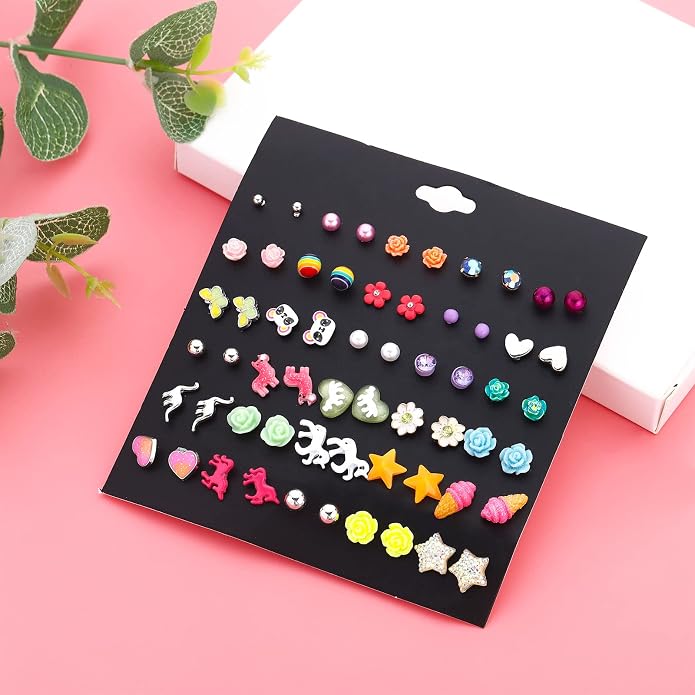 NEWITIN 100 Pairs Colorful Cute Earrings for Girls Sensitive Ears Hypoallergenic Girl Stud Earrings Set Stainless Steel Cartoon Stud for Girls and Women