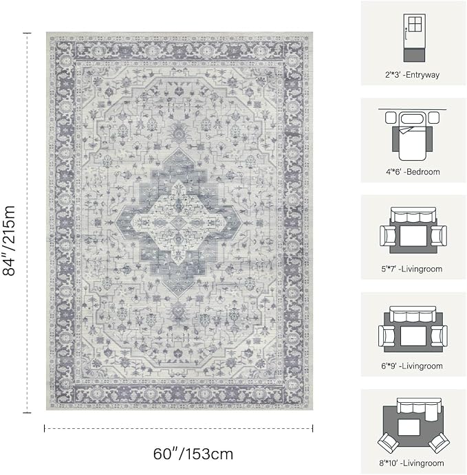 Rugxara 5X7 Washable Area Rug for Living Room, Vintage Large Boho Rugs for Office, Dining Room, Kids Room, Farmhouse, Durable Low Pile Non Slip Carpet for High Traffic Areas, Blue Quartz