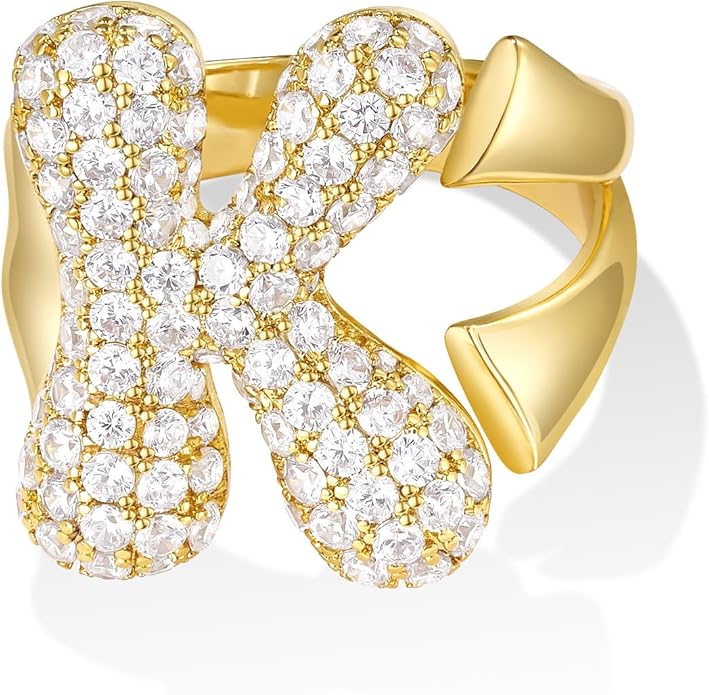 KissYan Bubble Initial Ring for Women, 14K Gold Plate Balloon Jumbo Letter Rings Open Adjustable Dainty Pave CZ Personalized Fashion Jewelry Gift for Mother's Day