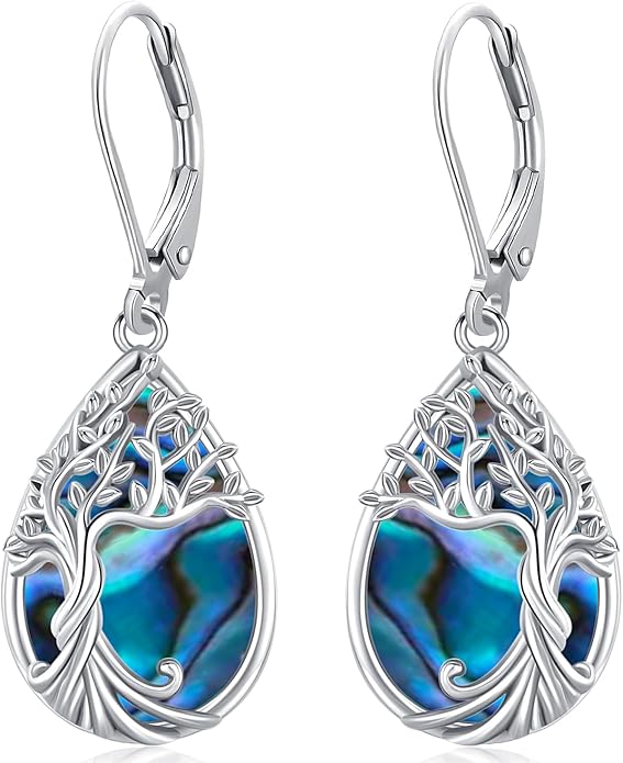 Odinstone 925 Sterling Silver Earrings Tree of Life Teardrop Moonstone Dangle Drop Leverback Earrings for Women