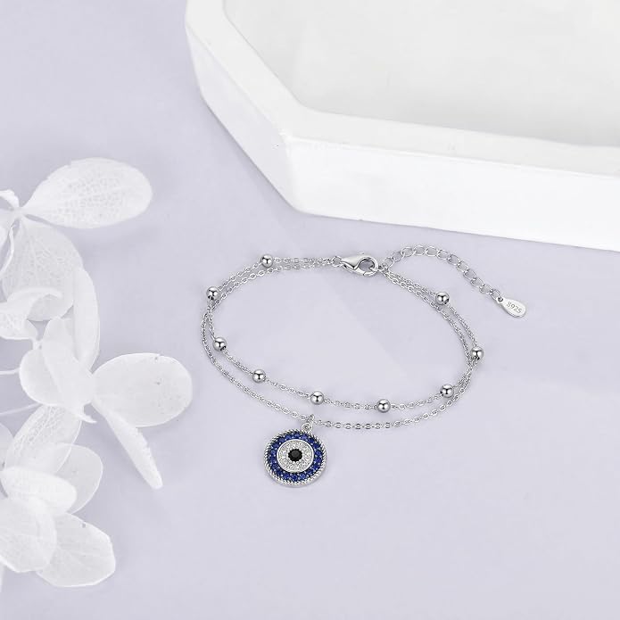 Blue Evil Eye Anklet Greek Evil Eye Anklet Bracelet Adjustable Ojo Turco Kabbalah Amulet Nazar Layered Silver Ankle Bracelets Protection Jewelry Amulet Gift for Wife Mother Sister Birthday