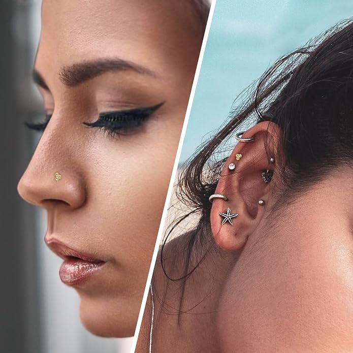 Cocharm 14K Gold Triple Ball Threadless Tragus Earrings 16g Push in Flat Back Helix Piercing