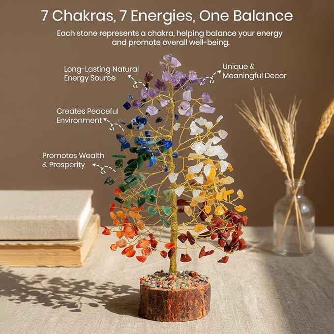 7 Chakra Tree of Life - Crystal Tree of Life, Gemstone Tree for Positive Energy, Feng Shui Tree Decor, Seven Chakra Tree, Money Tree Bonsai, Crystal Healing Stone Tree, Spiritual Gift Home Decor 10"