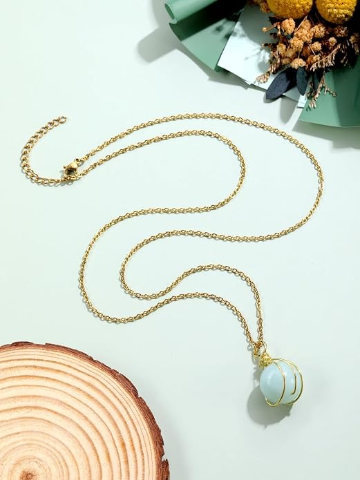 Jovivi Healing Crystal Stone Pendant Necklace Gold Wire Wrapped 16mm Natural Round Gemstone Ball Crystal Necklace for Women Men Reiki Quartz Jewelry